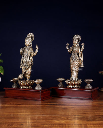 Brass Superfine Lakshmi Vishnu Pair with Diyas on Wooden Base 13 inch - Budhshiv.com