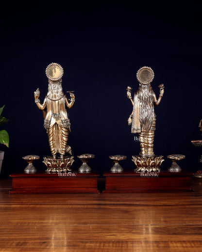 Brass Superfine Lakshmi Vishnu Pair with Diyas on Wooden Base 13 inch - Budhshiv.com