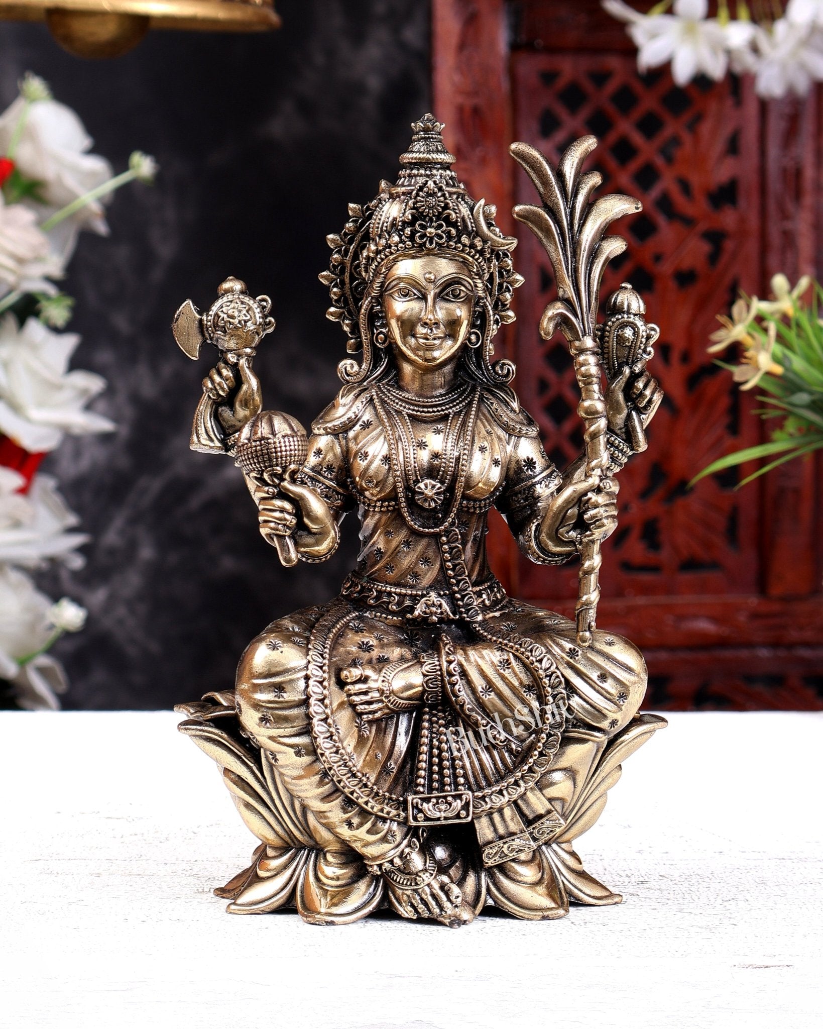 Brass Superfine Lalita Devi Tripura Sundari Rajarajeshwari Mata Idol – Handcrafted Divine Goddess Statue 8 inch - Budhshiv.com