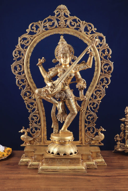 Brass Superfine Large Dancing Saraswati with Prabhavali – Handcrafted Masterpiece (BudhShiv Exclusive) 33" - Budhshiv.com