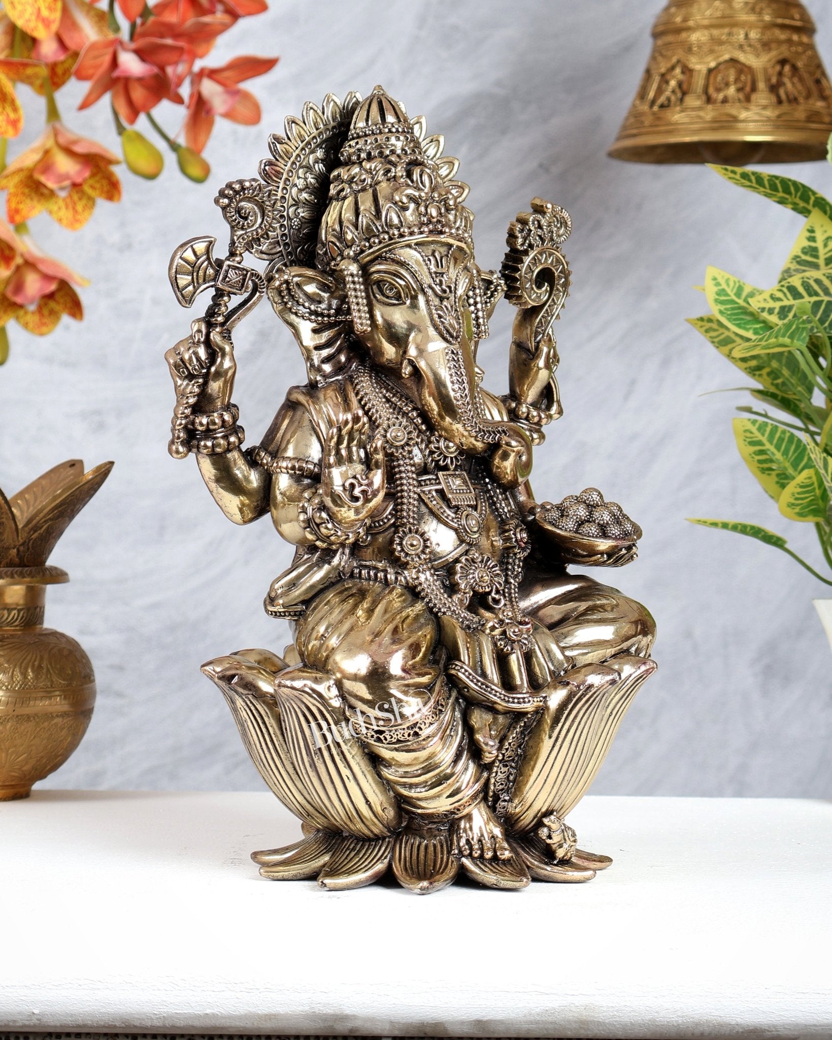 Brass Superfine Large Ganesha on Lotus Idol – Divine Ganpati Statue (12 Inches) - Budhshiv.com