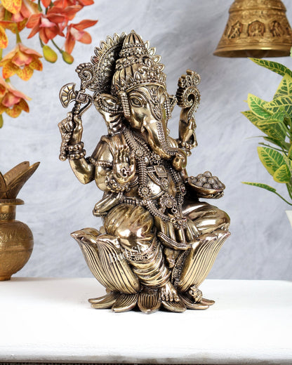 Brass Superfine Large Ganesha on Lotus Idol – Divine Ganpati Statue (12 Inches) - Budhshiv.com