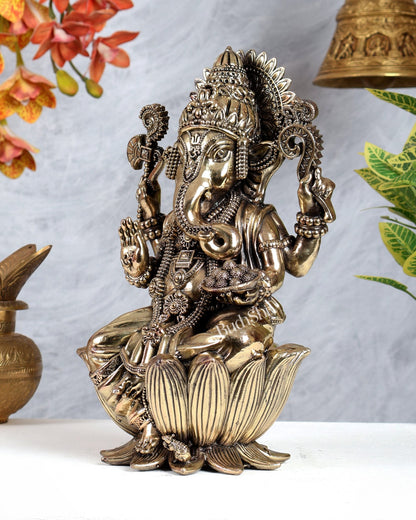 Brass Superfine Large Ganesha on Lotus Idol – Divine Ganpati Statue (12 Inches) - Budhshiv.com