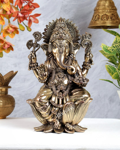 Brass Superfine Large Ganesha on Lotus Idol – Divine Ganpati Statue (12 Inches) - Budhshiv.com