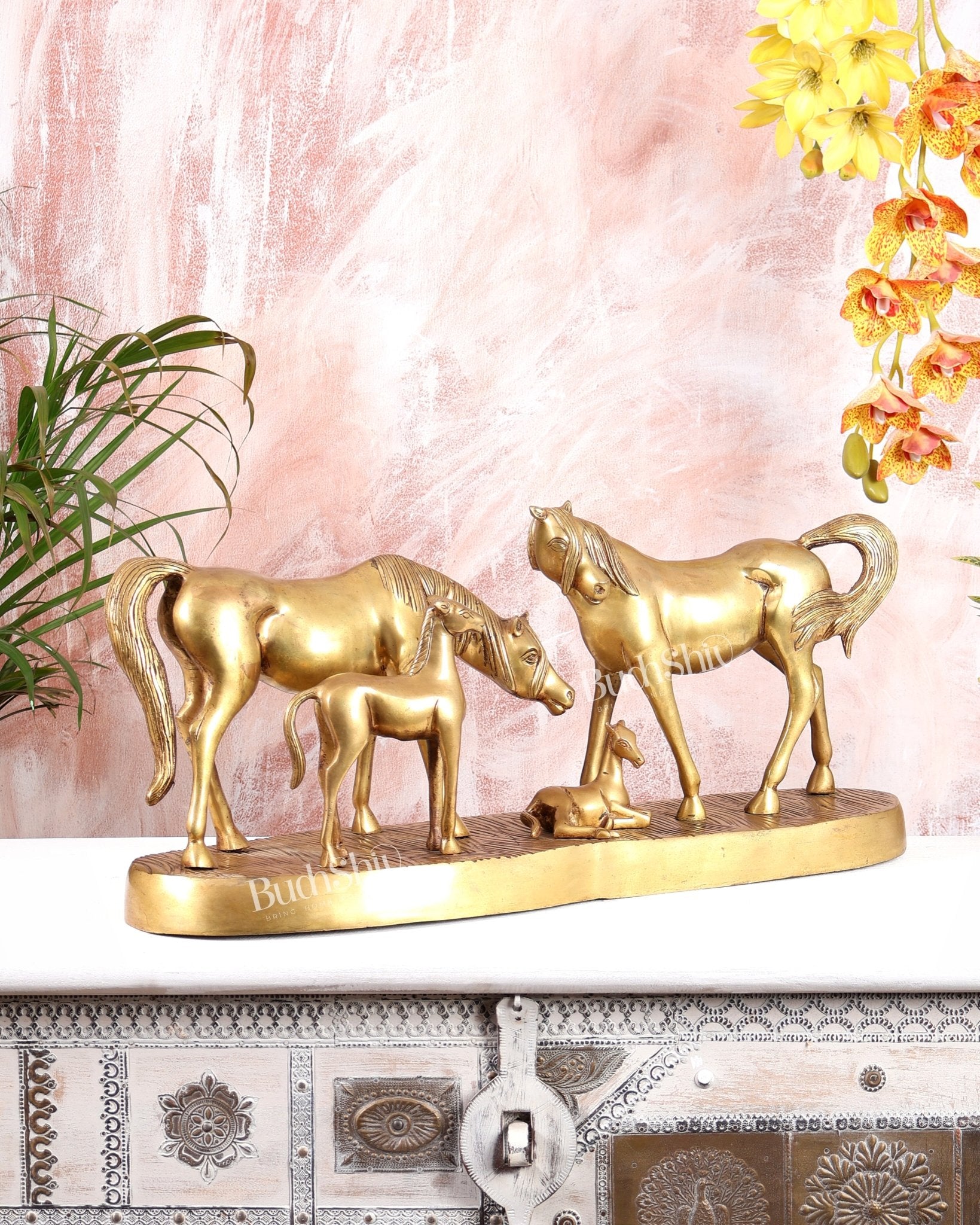 Brass Superfine Large Horse Family Sculpture – Vastu & Feng Shui Recommended 24" wide - Budhshiv.com