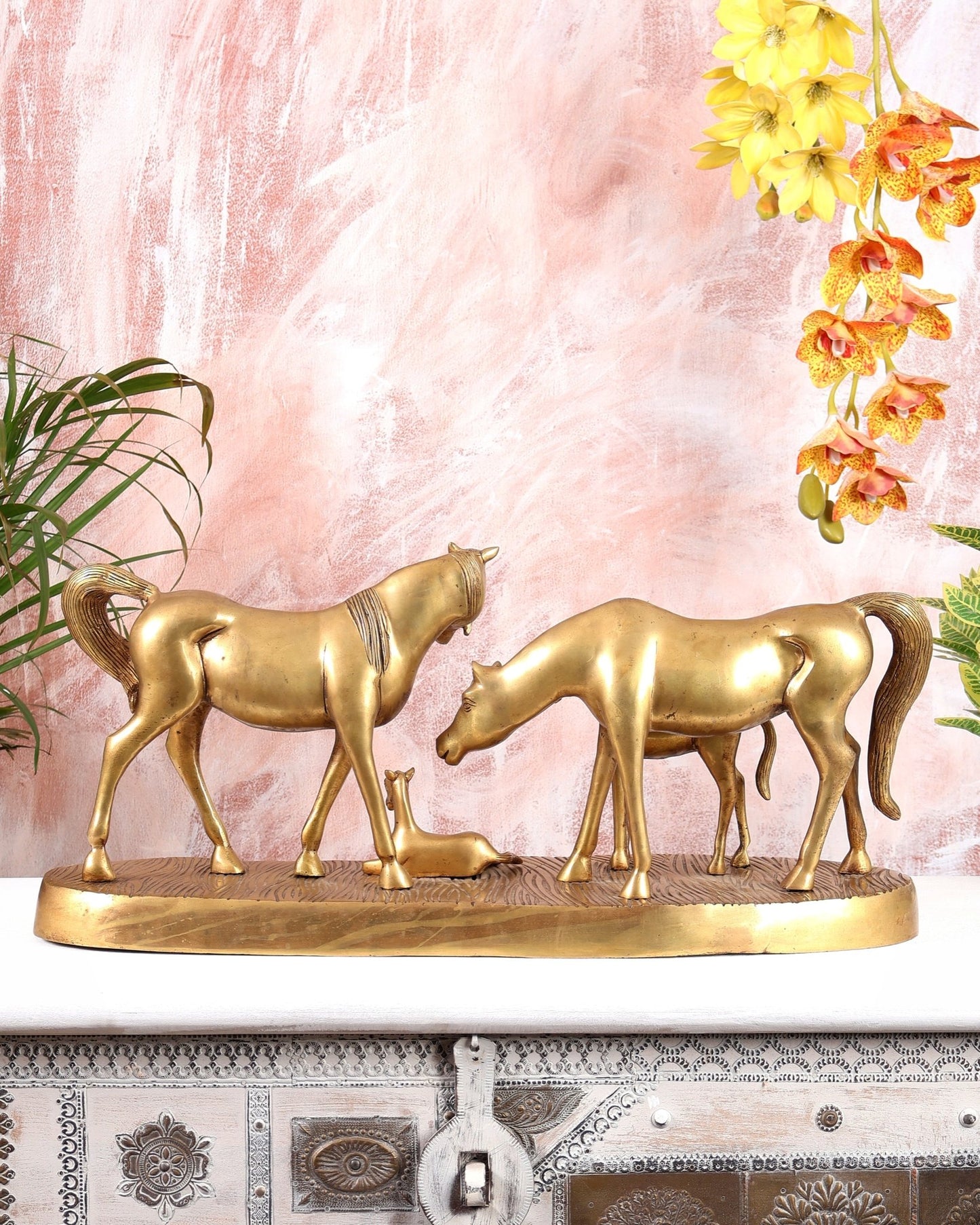 Brass Superfine Large Horse Family Sculpture – Vastu & Feng Shui Recommended 24" wide - Budhshiv.com