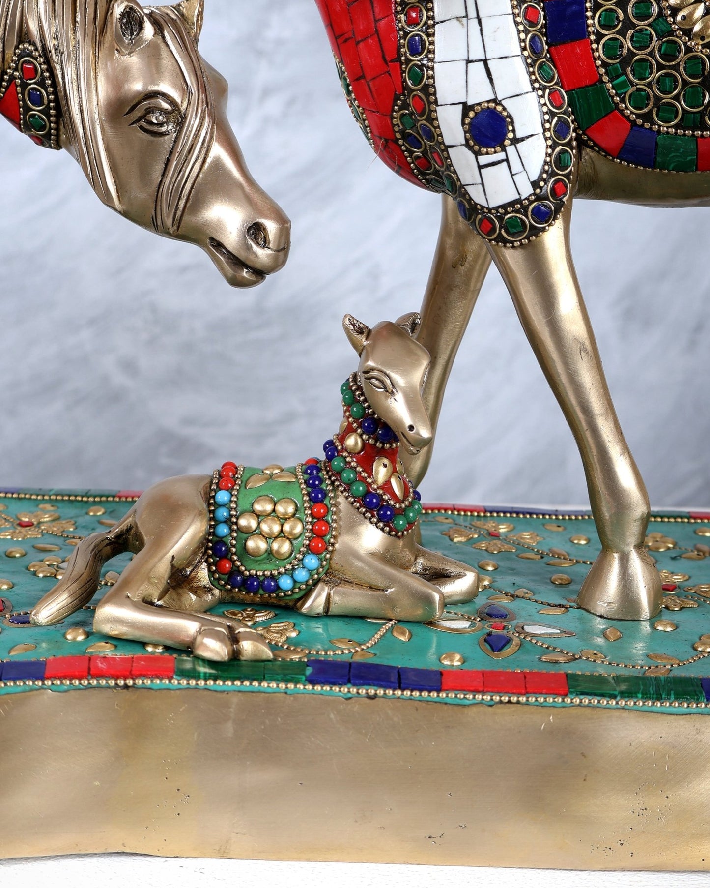Brass Superfine Large Horse Family Sculpture with stonework 24" wide - Budhshiv.com