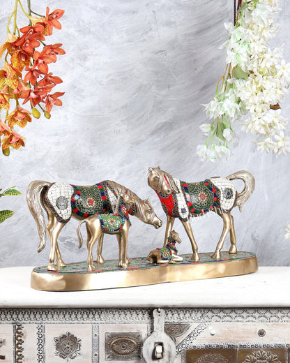 Brass Superfine Large Horse Family Sculpture with stonework 24" wide - Budhshiv.com
