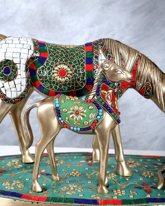 Brass Superfine Large Horse Family Sculpture with stonework 24" wide - Budhshiv.com