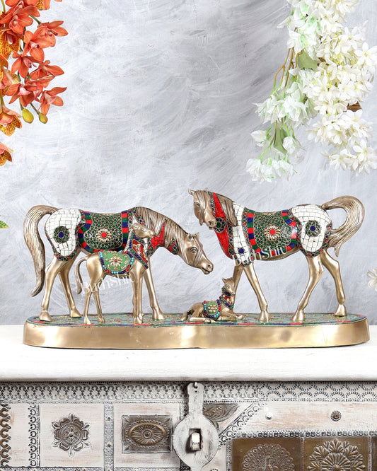 Brass Superfine Large Horse Family Sculpture with stonework 24" wide - Budhshiv.com