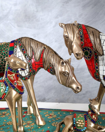 Brass Superfine Large Horse Family Sculpture with stonework 24" wide - Budhshiv.com