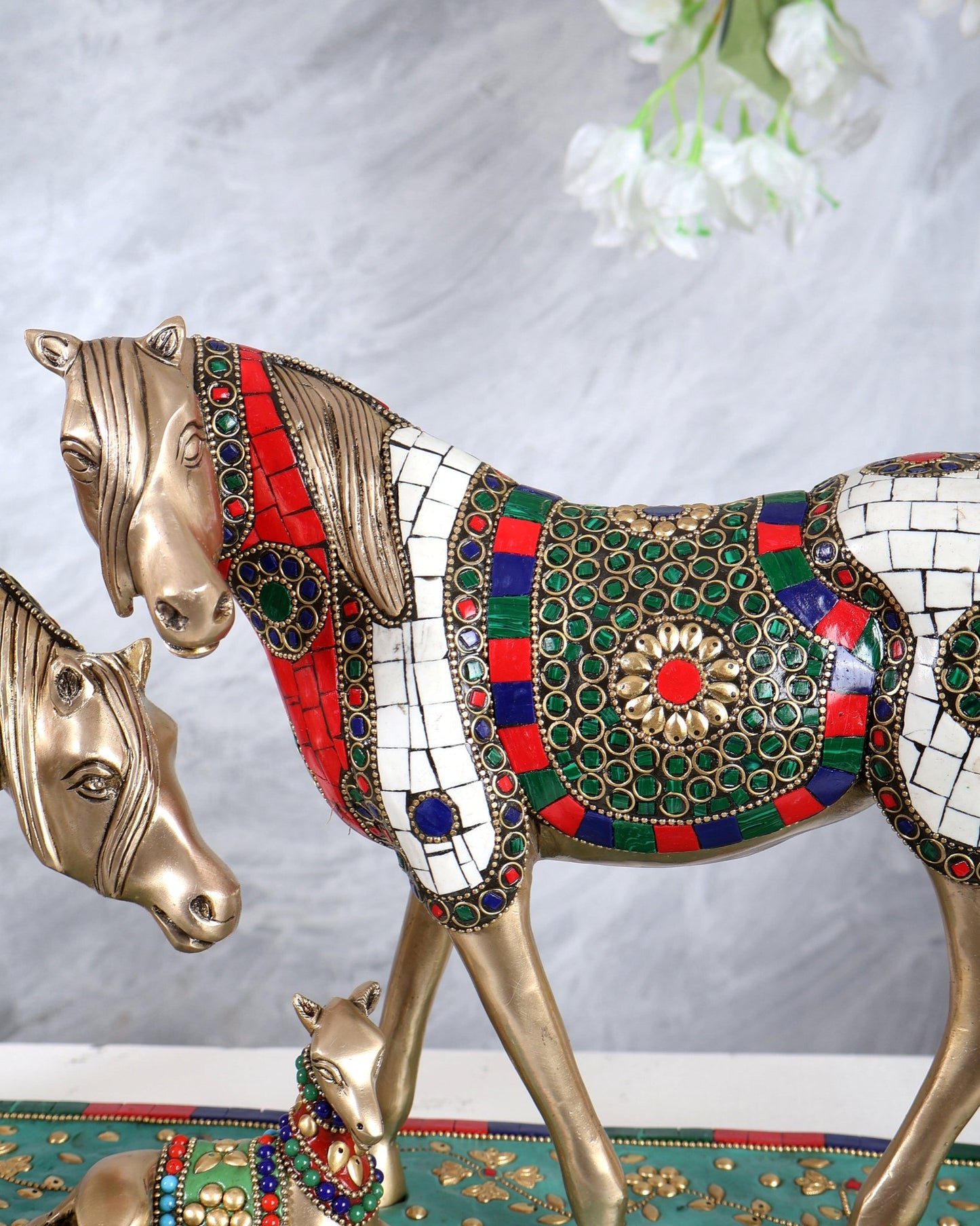 Brass Superfine Large Horse Family Sculpture with stonework 24" wide - Budhshiv.com