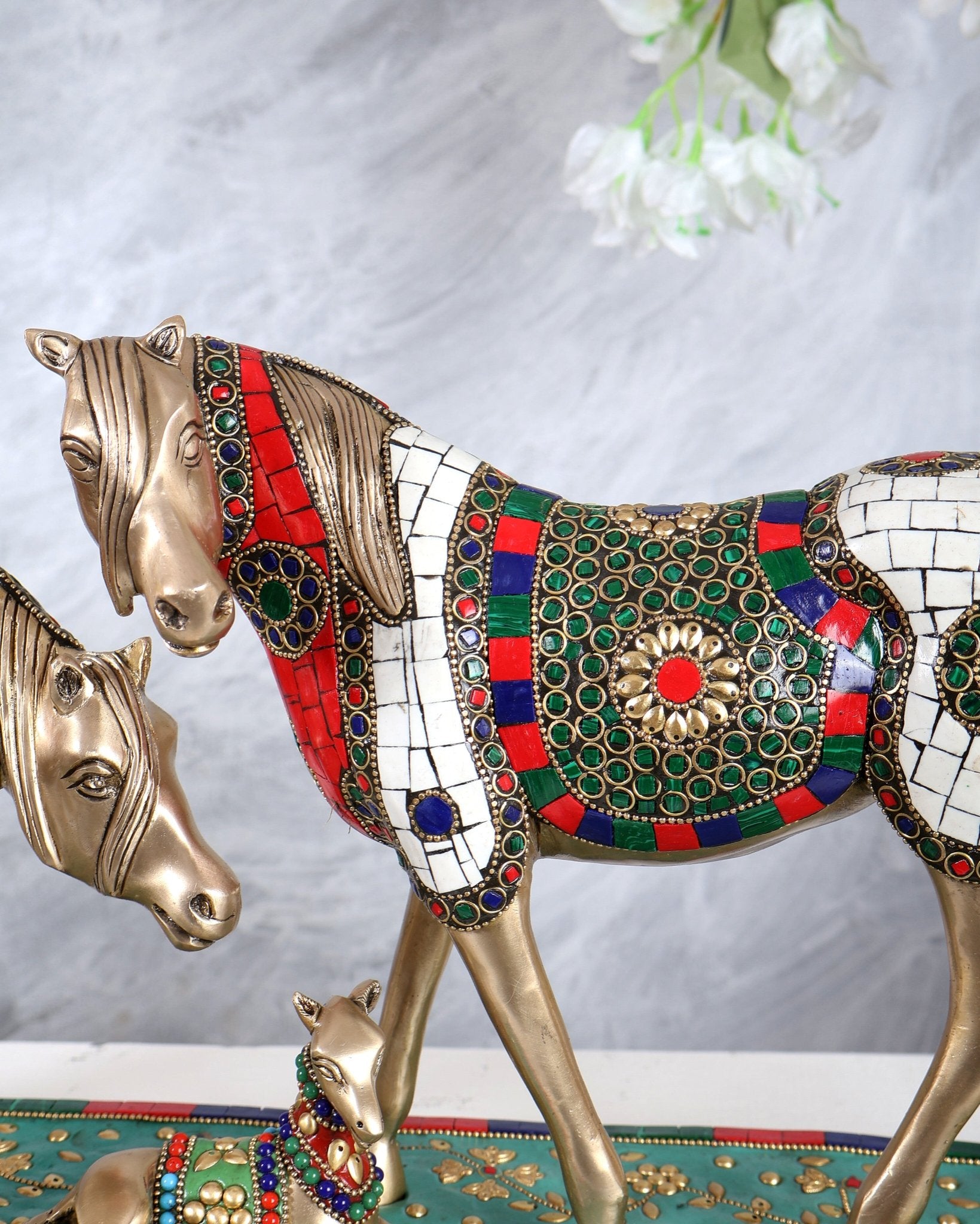 Brass Superfine Large Horse Family Sculpture with stonework 24" wide - Budhshiv.com