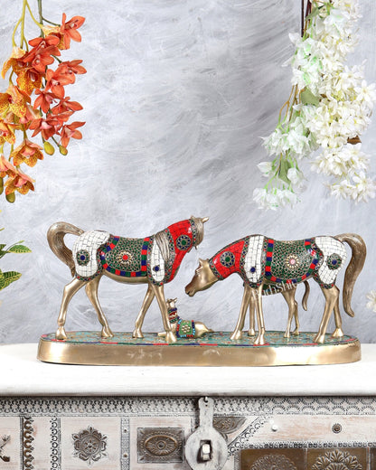 Brass Superfine Large Horse Family Sculpture with stonework 24" wide - Budhshiv.com