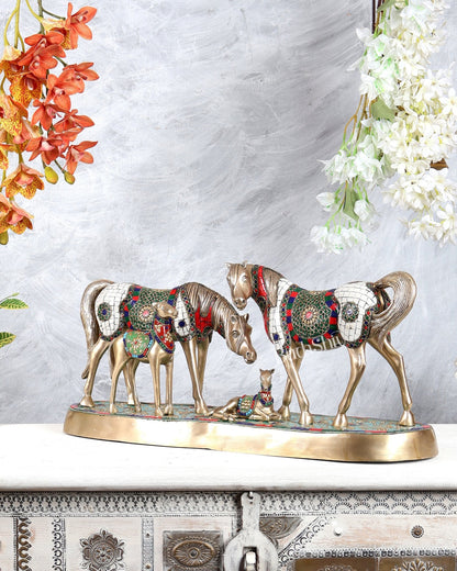 Brass Superfine Large Horse Family Sculpture with stonework 24" wide - Budhshiv.com