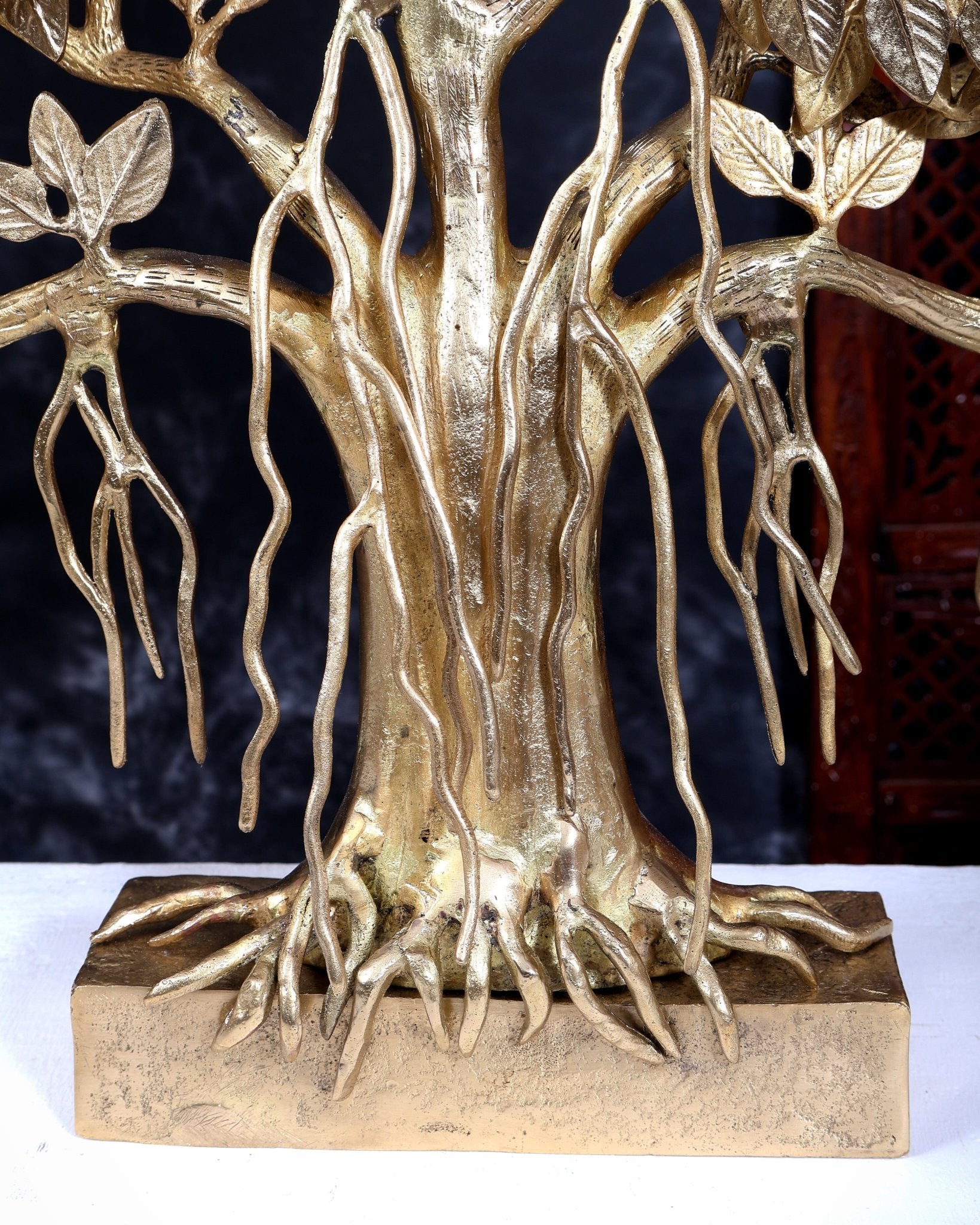 Brass Superfine Large Kalpavriksha Tree Tabletop Artefact | Birds & Hanging Roots 28 inch - Budhshiv.com