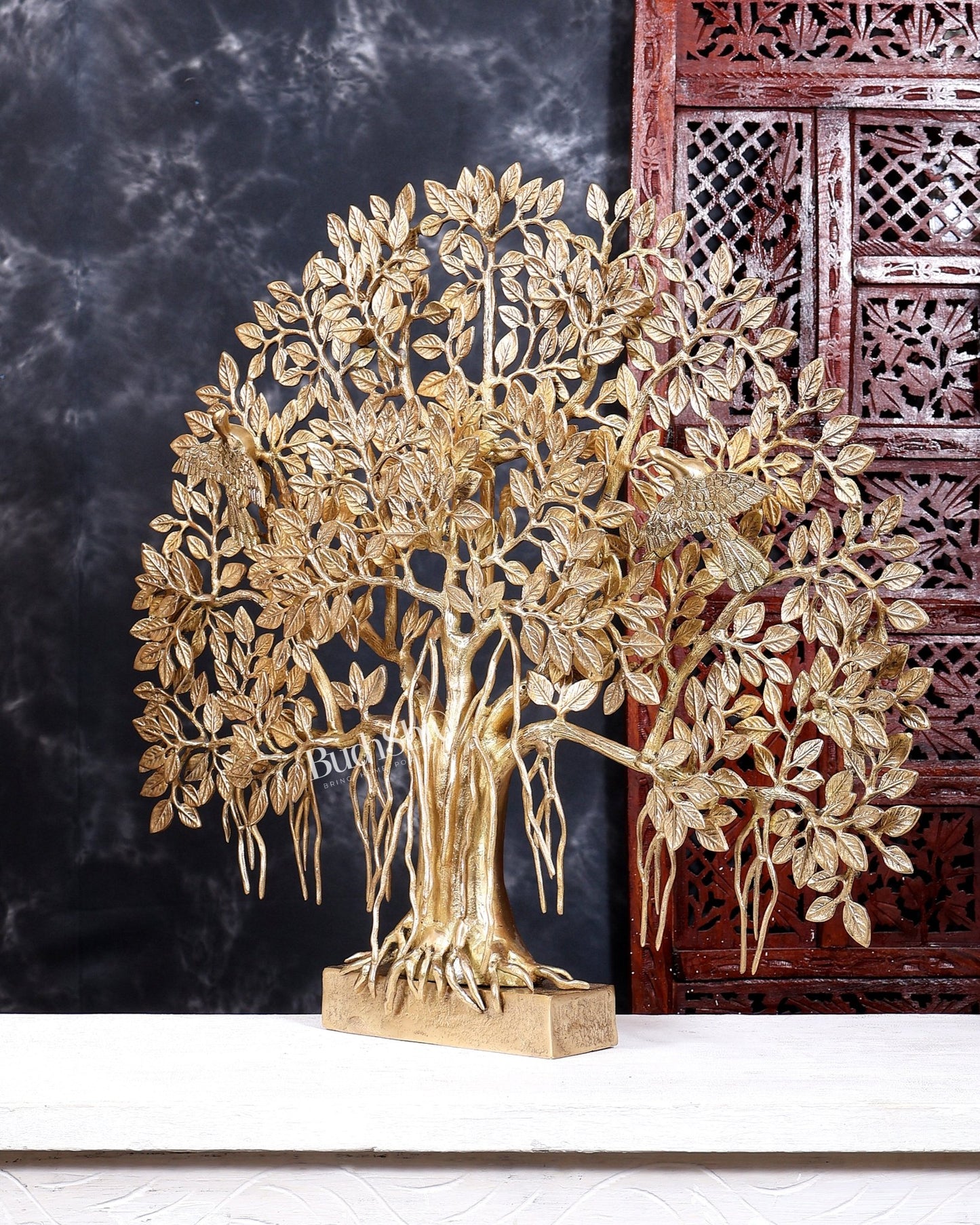 Brass Superfine Large Kalpavriksha Tree Tabletop Artefact | Birds & Hanging Roots 28 inch - Budhshiv.com