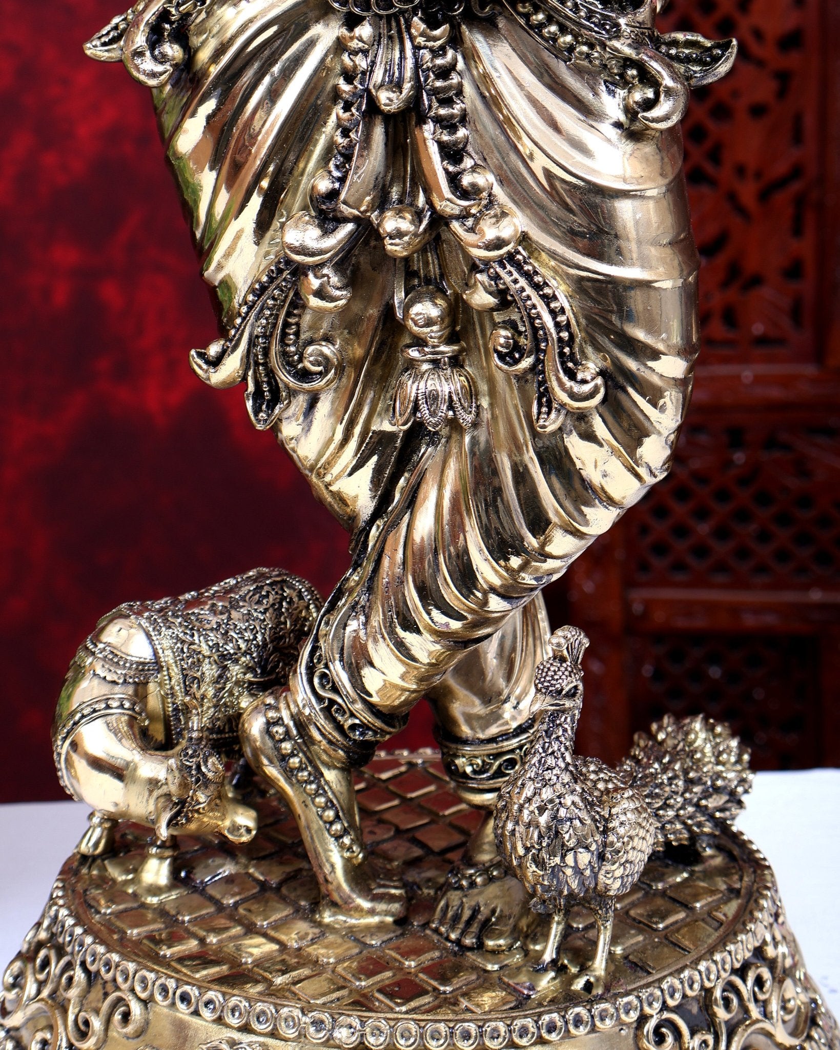 Brass Superfine Large Krishna with Cow & Peacock Idol | Highly Detailed | Pure Brass Govinda Sculpture - Budhshiv.com