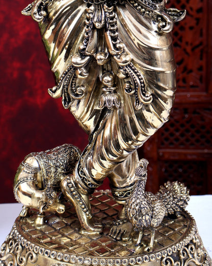 Brass Superfine Large Krishna with Cow & Peacock Idol | Highly Detailed | Pure Brass Govinda Sculpture - Budhshiv.com