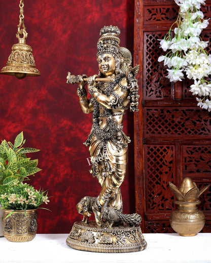 Brass Superfine Large Krishna with Cow & Peacock Idol | Highly Detailed | Pure Brass Govinda Sculpture - Budhshiv.com