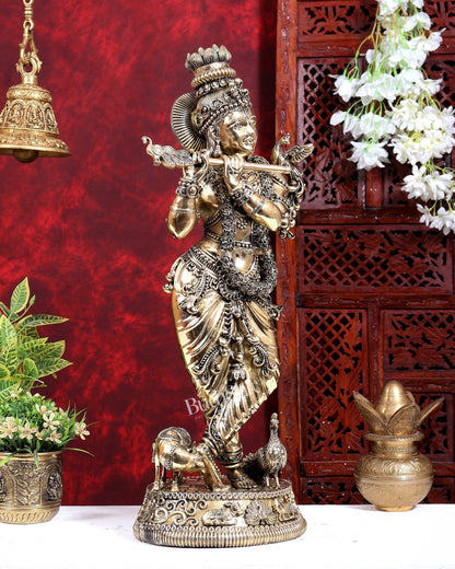 Brass Superfine Large Krishna with Cow & Peacock Idol | Highly Detailed | Pure Brass Govinda Sculpture - Budhshiv.com
