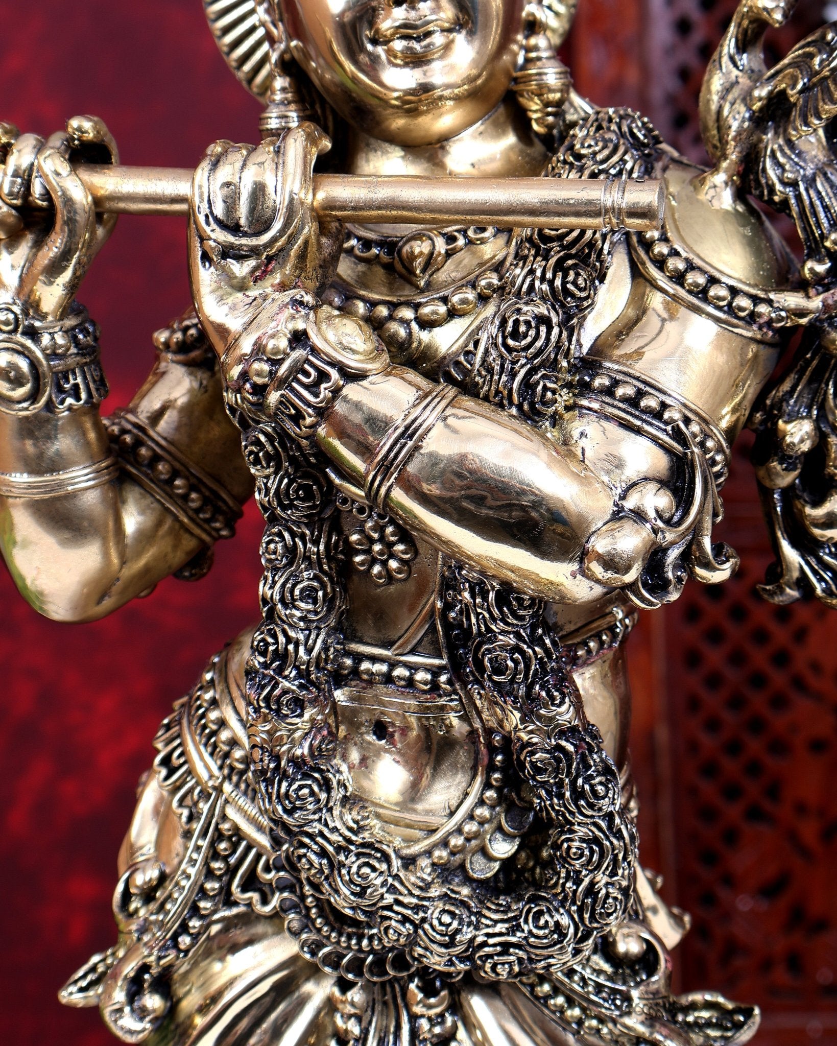Brass Superfine Large Krishna with Cow & Peacock Idol | Highly Detailed | Pure Brass Govinda Sculpture - Budhshiv.com