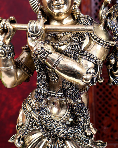 Brass Superfine Large Krishna with Cow & Peacock Idol | Highly Detailed | Pure Brass Govinda Sculpture - Budhshiv.com