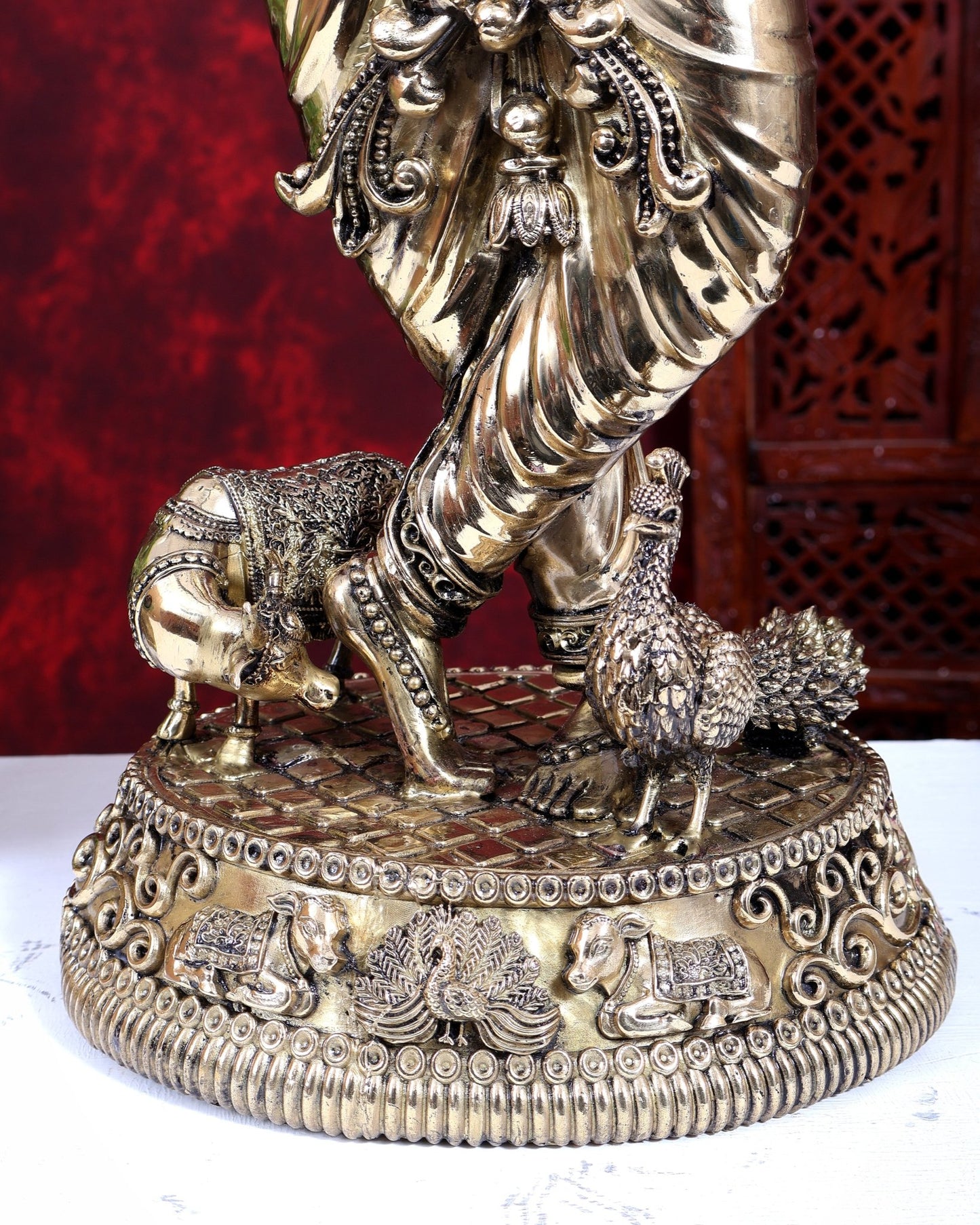 Brass Superfine Large Krishna with Cow & Peacock Idol | Highly Detailed | Pure Brass Govinda Sculpture - Budhshiv.com