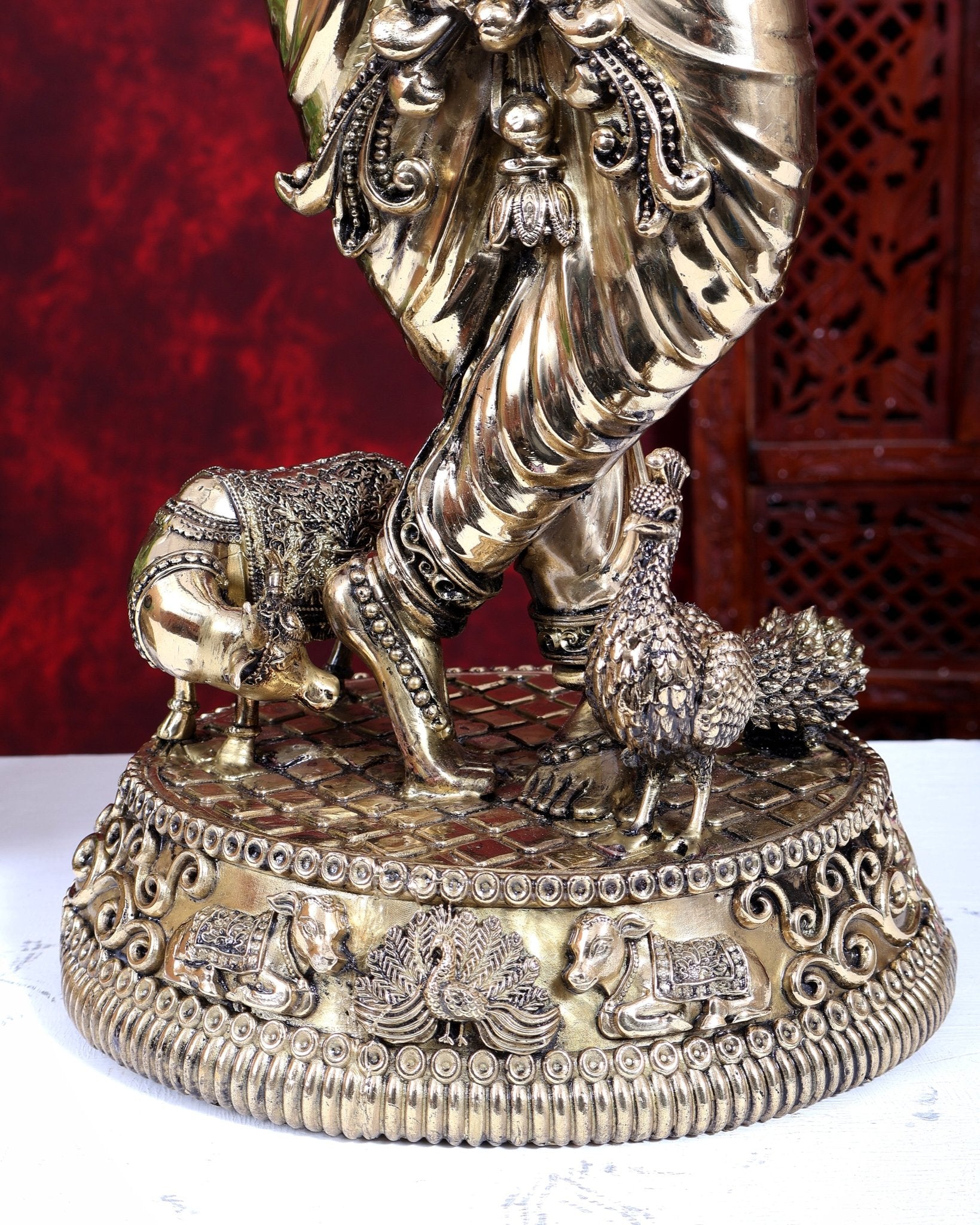 Brass Superfine Large Krishna with Cow & Peacock Idol | Highly Detailed | Pure Brass Govinda Sculpture - Budhshiv.com