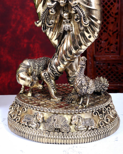 Brass Superfine Large Krishna with Cow & Peacock Idol | Highly Detailed | Pure Brass Govinda Sculpture - Budhshiv.com