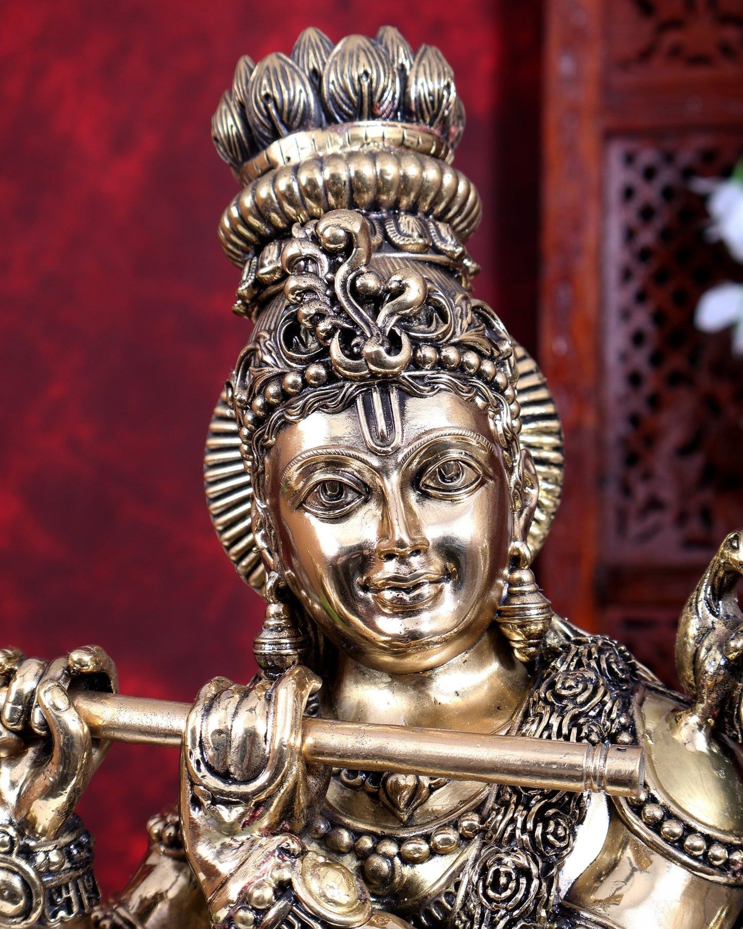 Brass Superfine Large Krishna with Cow & Peacock Idol | Highly Detailed | Pure Brass Govinda Sculpture - Budhshiv.com