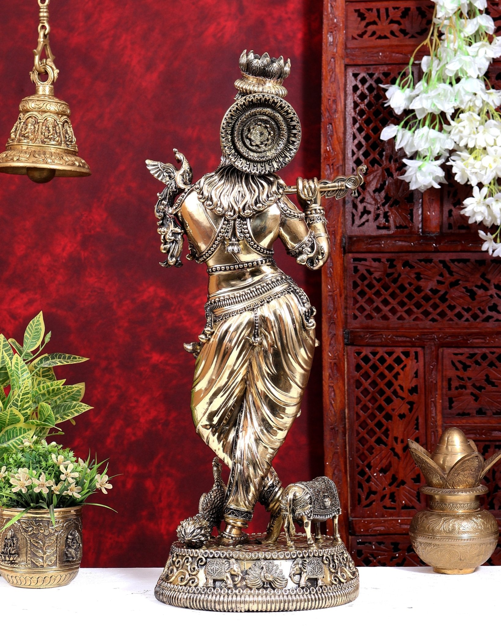 Brass Superfine Large Krishna with Cow & Peacock Idol | Highly Detailed | Pure Brass Govinda Sculpture - Budhshiv.com