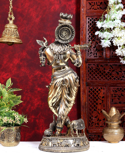 Brass Superfine Large Krishna with Cow & Peacock Idol | Highly Detailed | Pure Brass Govinda Sculpture - Budhshiv.com