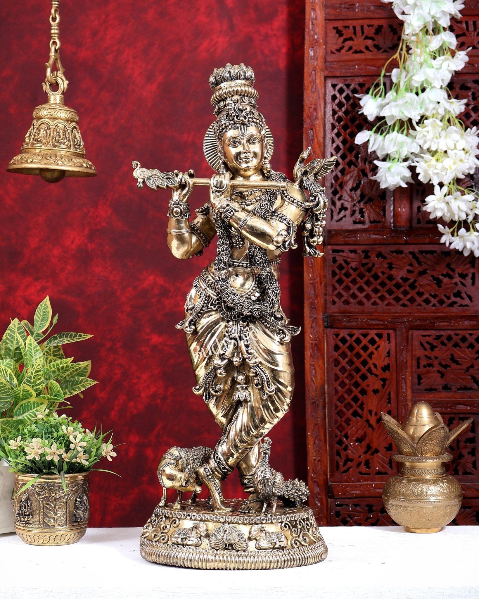 Brass Superfine Large Krishna with Cow & Peacock Idol | Highly Detailed | Pure Brass Govinda Sculpture - Budhshiv.com