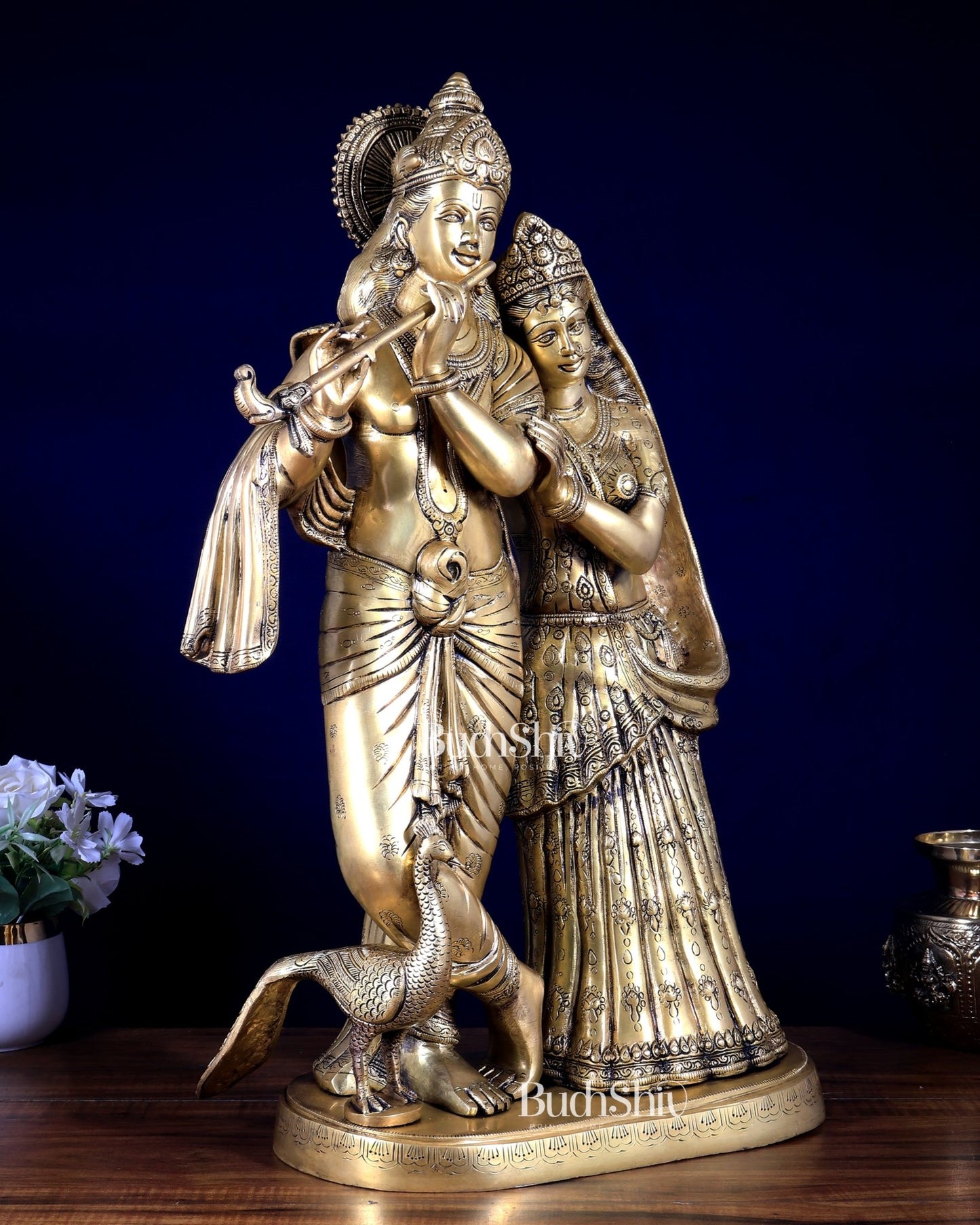 Brass Superfine Large Radha Krishna with peacock Standing Together Statue - 24" - Budhshiv.com