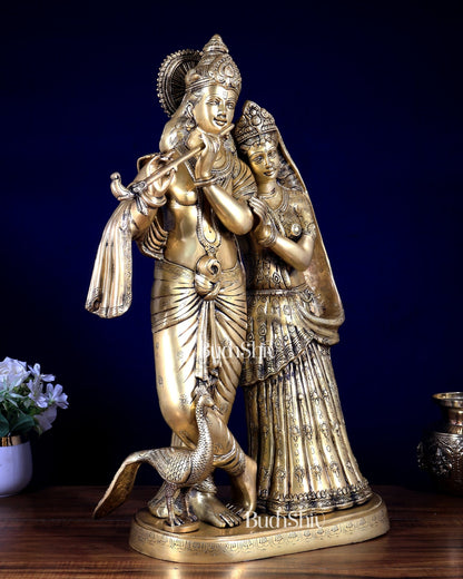 Brass Superfine Large Radha Krishna with peacock Standing Together Statue - 24" - Budhshiv.com