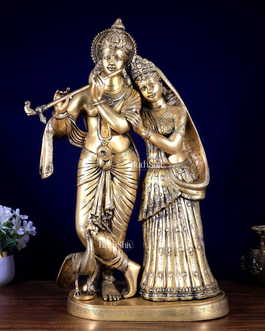 Brass Superfine Large Radha Krishna with peacock Standing Together Statue - 24" - Budhshiv.com