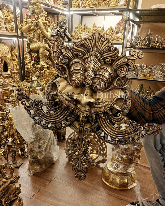 Brass Superfine Large Yali wall hanging Dragon face Nazarbattu 18" golden tone - Budhshiv.com