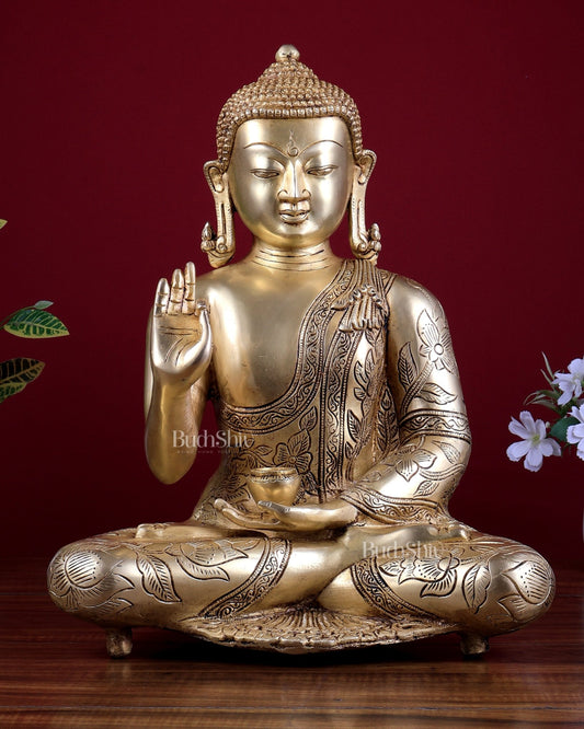 Brass Superfine Lord Buddha Statue with Beautiful Carvings 15 inch - Budhshiv.com