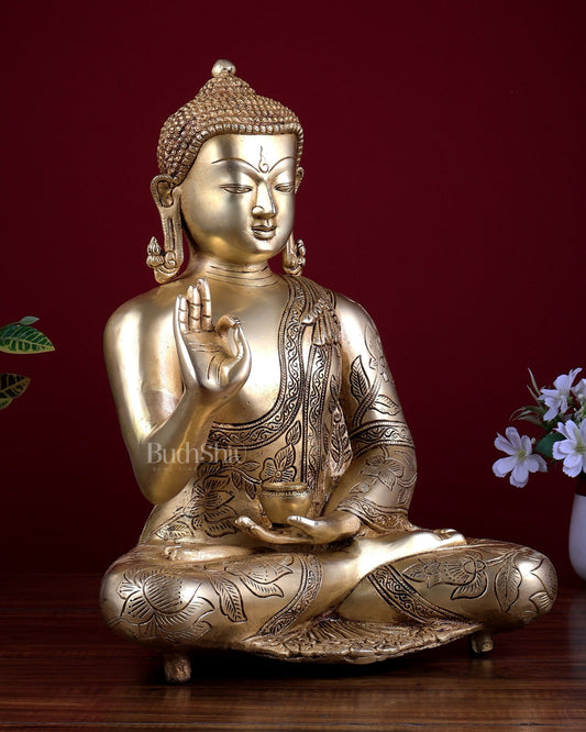 Brass Superfine Lord Buddha Statue with Beautiful Carvings 15 inch - Budhshiv.com
