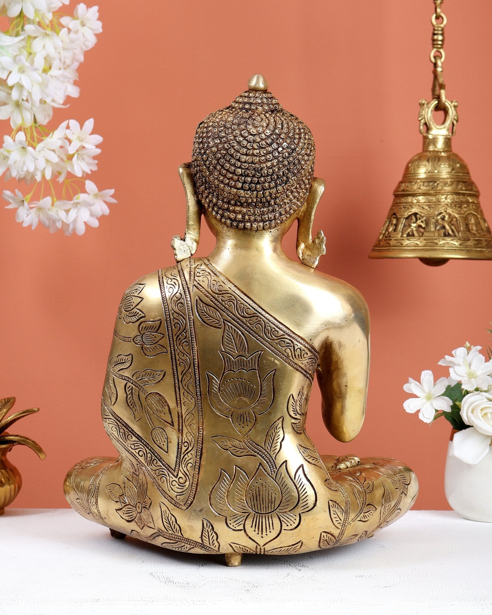 Brass Superfine Lord Buddha Statue with Beautiful Carvings 15 inch - Budhshiv.com