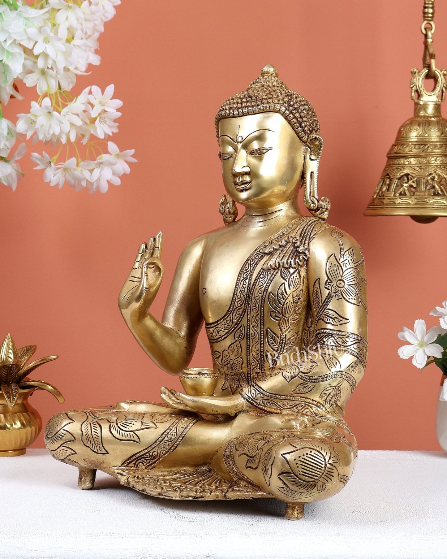 Brass Superfine Lord Buddha Statue with Beautiful Carvings 15 inch - Budhshiv.com