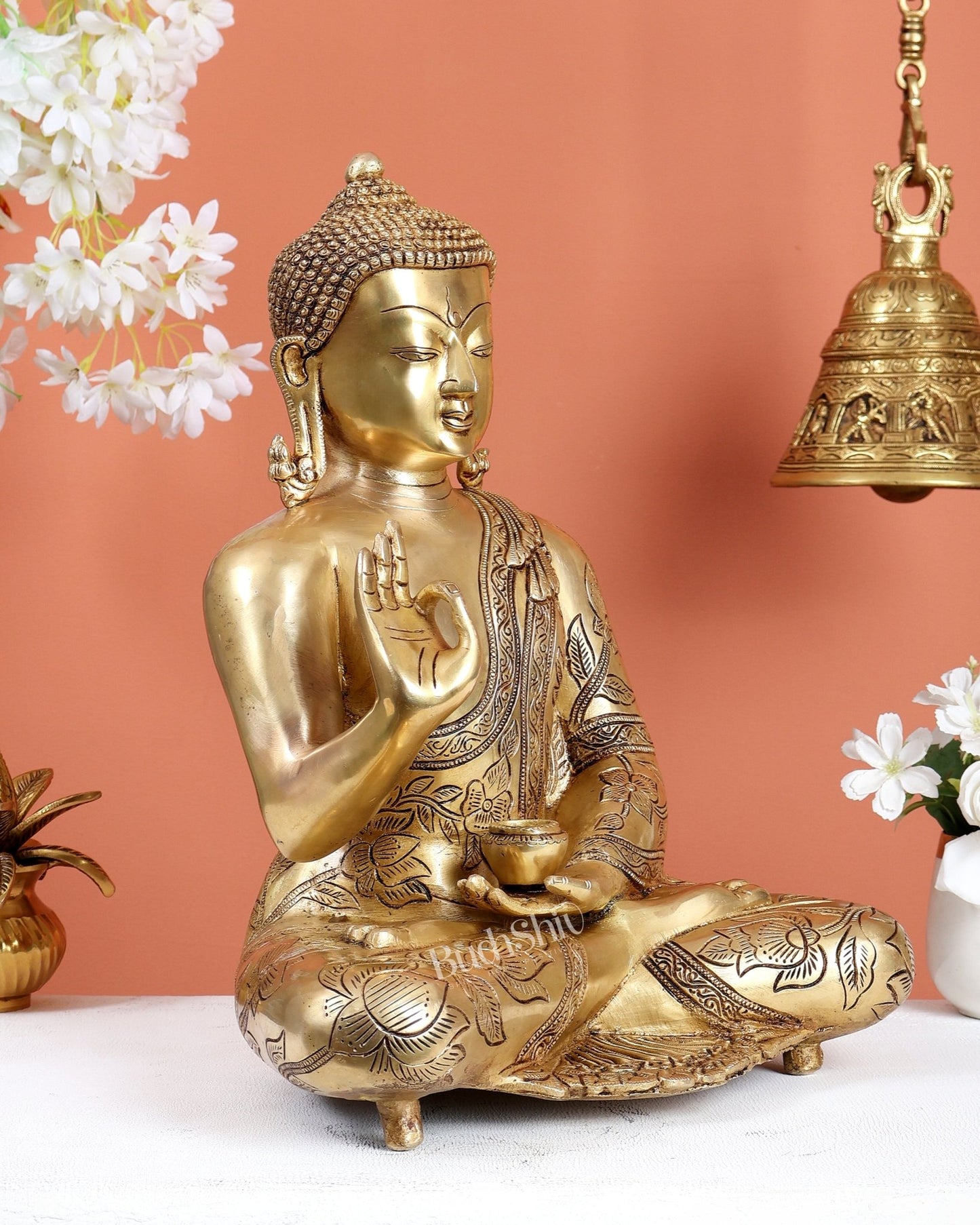 Brass Superfine Lord Buddha Statue with Beautiful Carvings 15 inch - Budhshiv.com