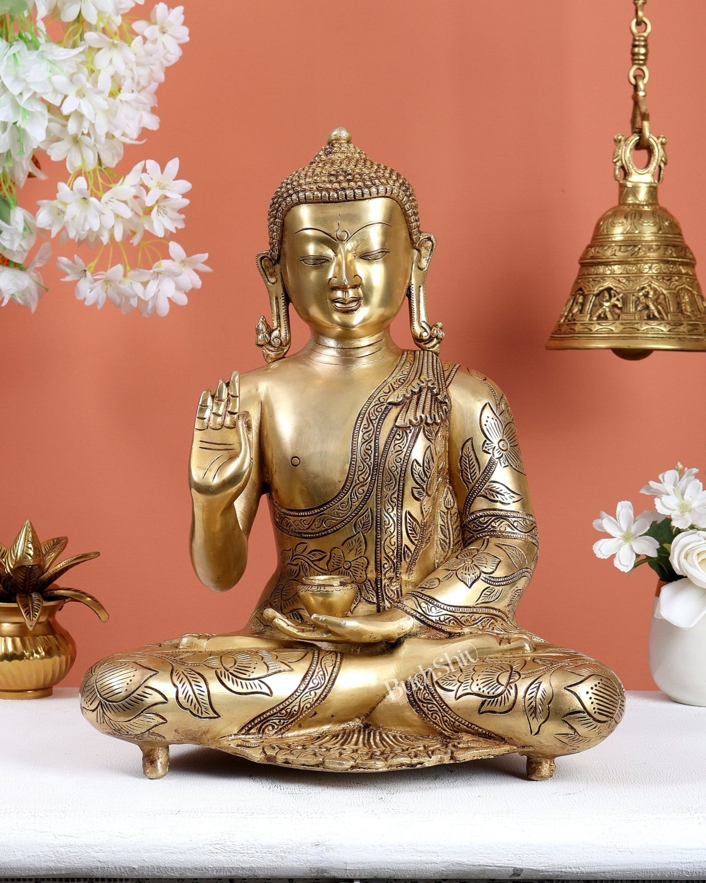 Brass Superfine Lord Buddha Statue with Beautiful Carvings 15 inch - Budhshiv.com