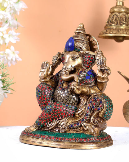Brass Superfine Lord Ganesha Decorative statue - 10 Inch with meenakari Stonework - Budhshiv.com