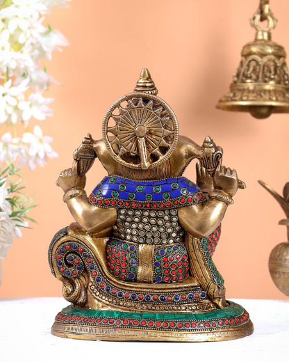 Brass Superfine Lord Ganesha Decorative statue - 10 Inch with meenakari Stonework - Budhshiv.com
