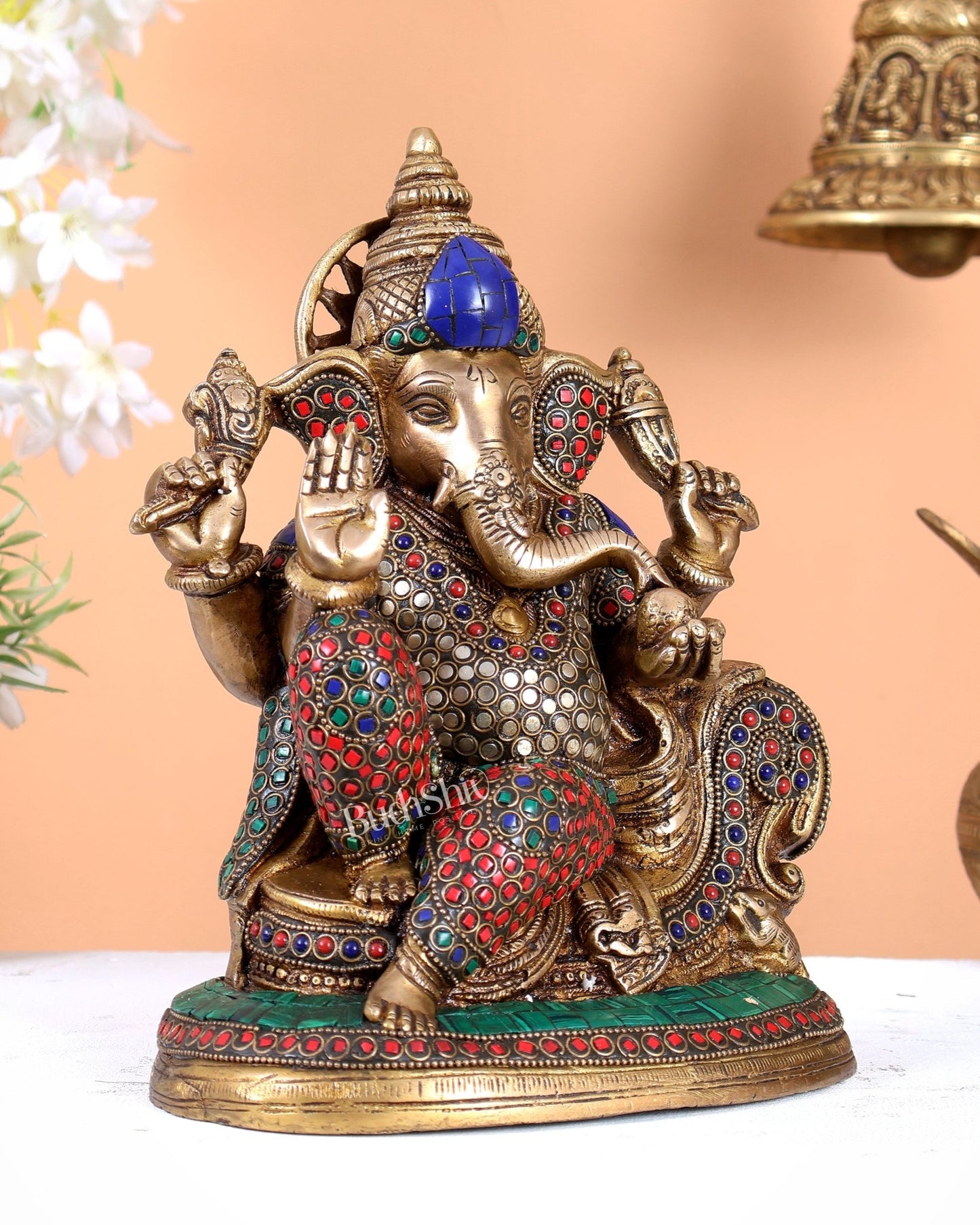 Brass Superfine Lord Ganesha Decorative statue - 10 Inch with meenakari Stonework - Budhshiv.com