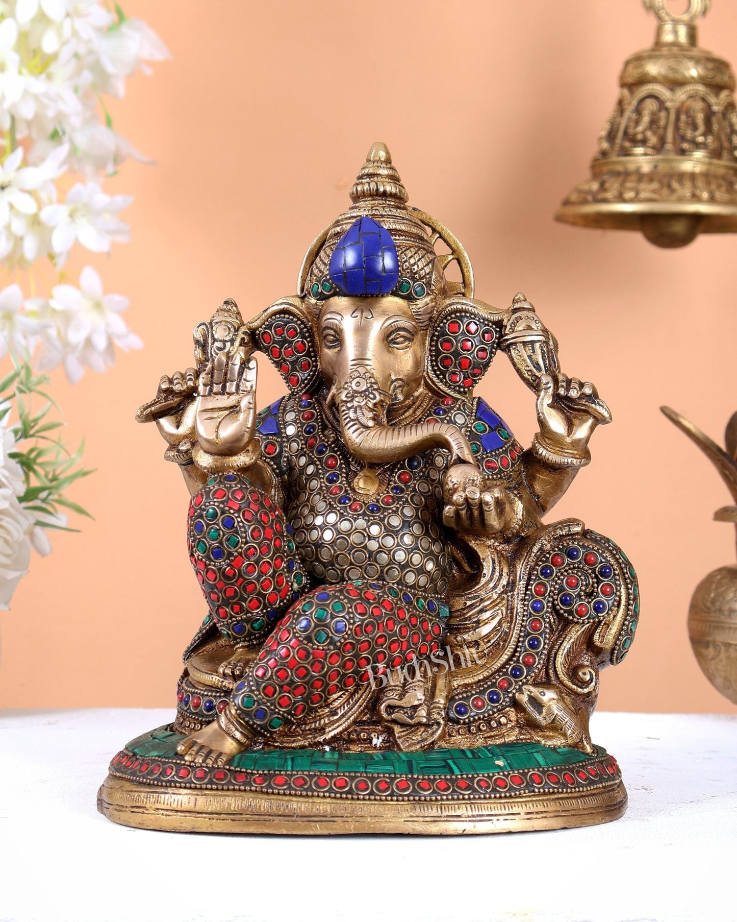 Brass Superfine Lord Ganesha Decorative statue - 10 Inch with meenakari Stonework - Budhshiv.com