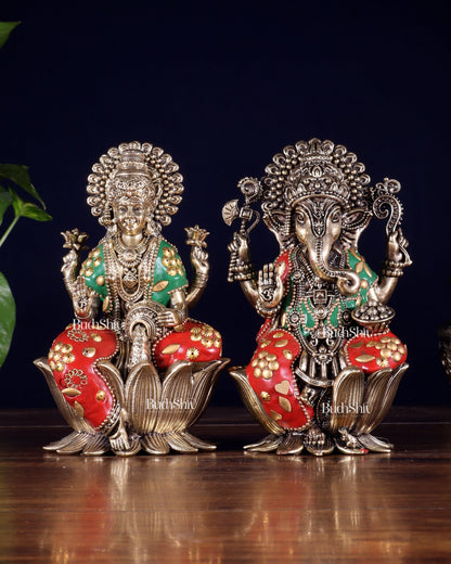 Brass Superfine Lord Ganesha & Goddess Lakshmi Pair – meenakari 6" - Budhshiv.com
