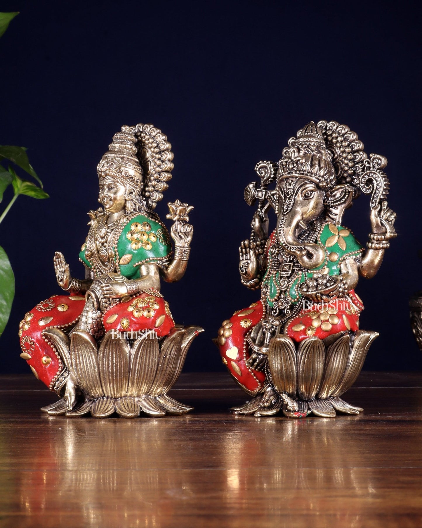 Brass Superfine Lord Ganesha & Goddess Lakshmi Pair – meenakari 6" - Budhshiv.com